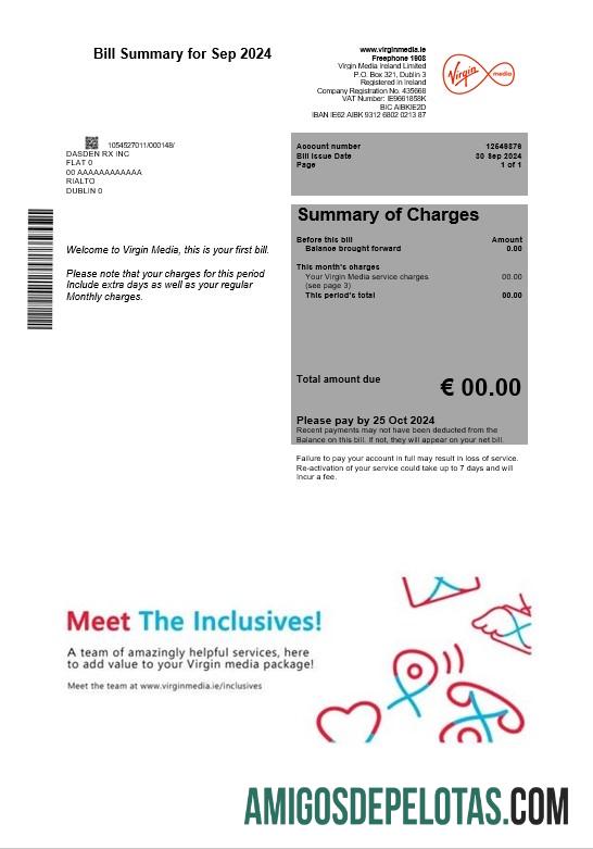 Para baixar modelo de conta de serviços públicos da Ireland Virgin Media em formatos Word e PDF, versão 2